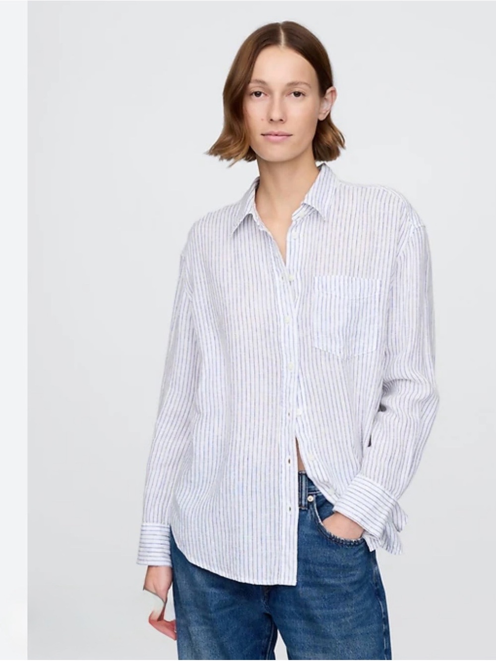 Women’s GAP Casual Striped Linen Button-Up Shirt - White/Light Blue